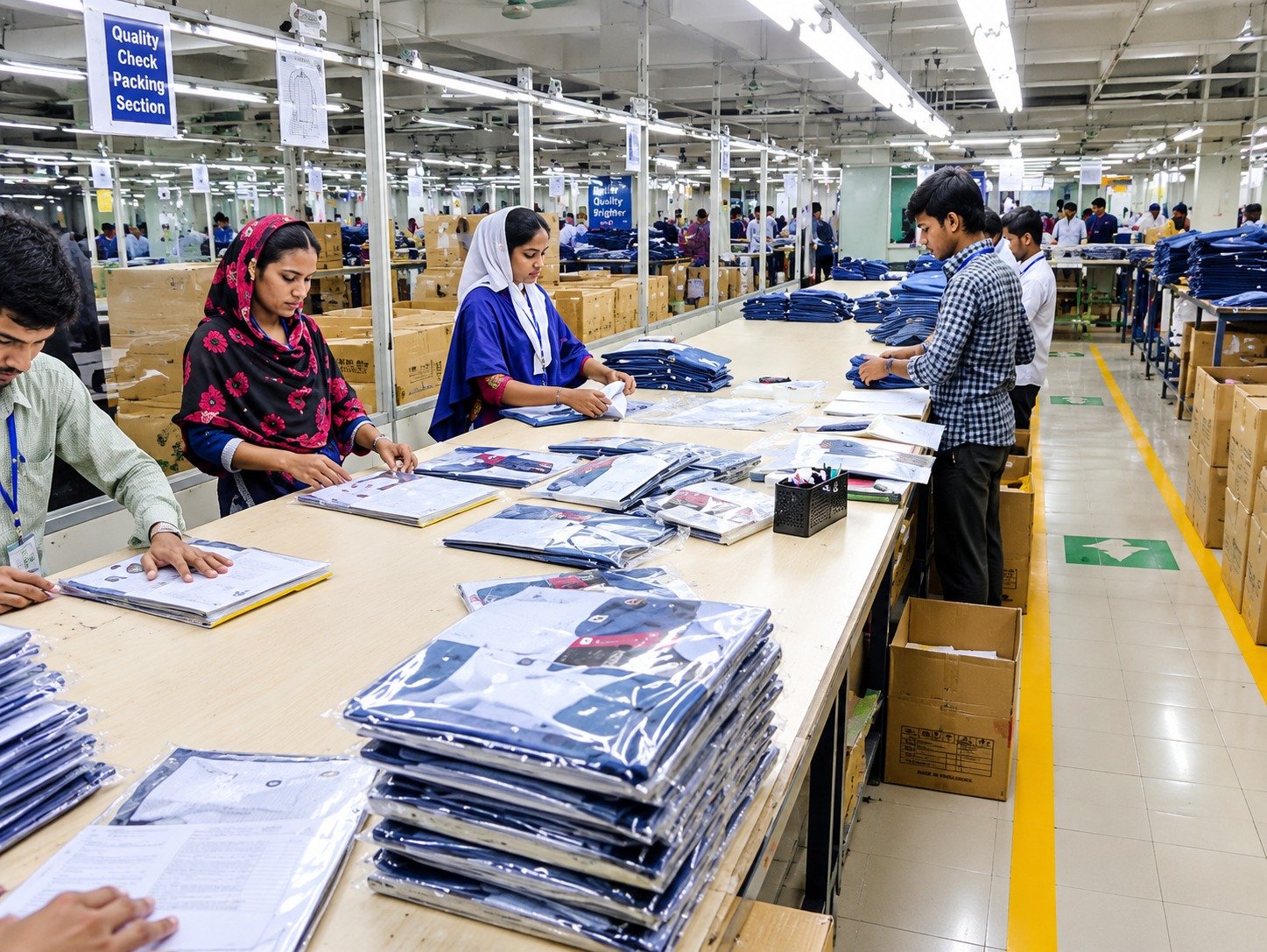 Garments being folded and prepared for packing in a clothing factory